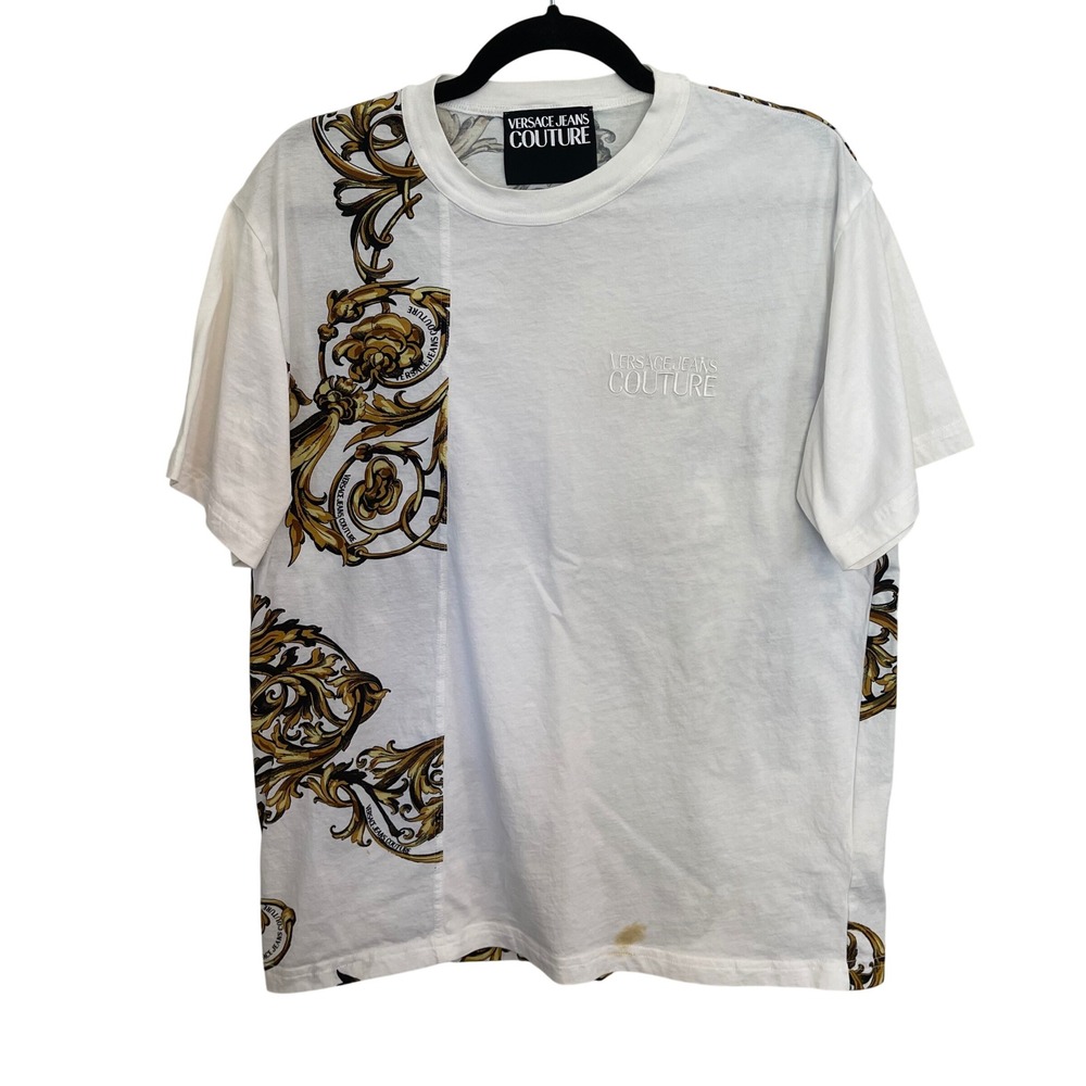 Versace Jeans Couture White Gold Baroque Filigree Graphic T-Shirt XL 72GAH6R9